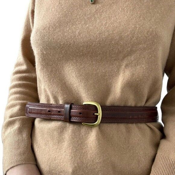 Leegin Mens Brown Western 100% Leather Solid Brass Buckle Made in USA Belt Sz 34 - Picture 1 of 7